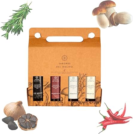 Estuche Sabores del Molino de Aceite de Oliva Virgen Extra Ecológico - Pack de Aceite de Oliva Virgen Extra con Boletus, Ajo Negro, Guindilla y Romero, Regalo Gourmet, Aceite Artesanal y Sostenible