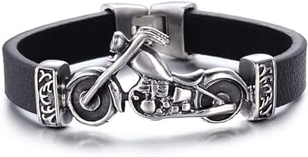 ESTUYOYA - Pulsera de Cuero Negro Auténtico y Motocicleta en Acero Inoxidable Moteros Rock Piel Genuina para Hombres y Mujeres Unisex Moto Chopper Cierre Seguro