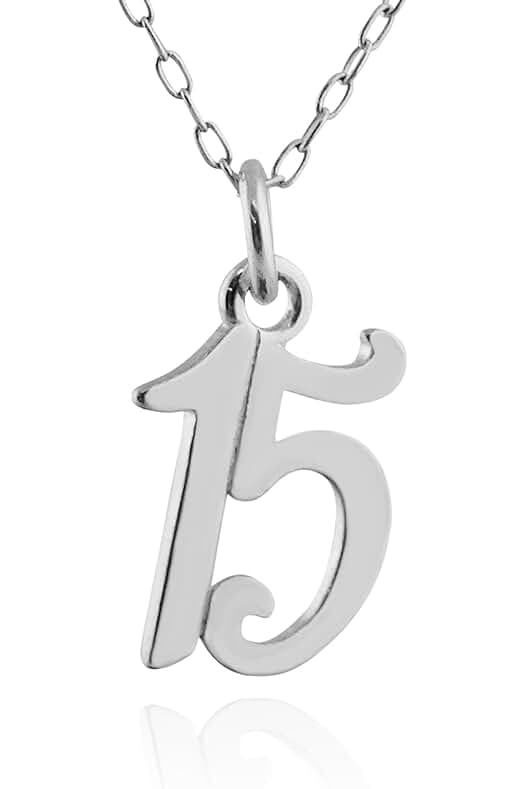FashionJunkie4Life Collar de Plata de ley con el Número 15, Cadena de 45,7 cm, Quinceañera de Cumpleaños, Metal