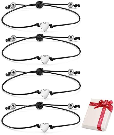 Feelairy 4 Pulseras de Plata con Corazón de la Amistad para Niñas y Mujeres, Ajustables y Delgadas, Pulseras de Cuerda para Mujer, Cinta Textil Hecha a Mano, Regalo para la Mejor Amiga, Cumpleaños,