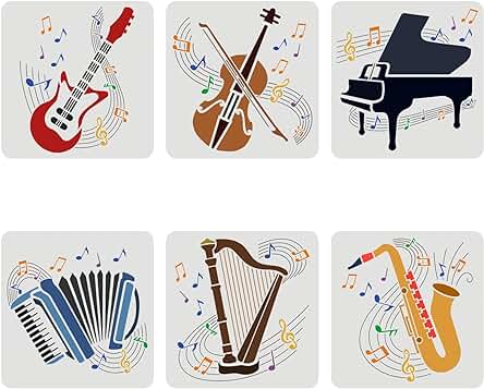 FINGERINSPIRE 6 Piezas Plantillas de Instrumentos Musicales 30x30cm Guitarra Violín Piano Acordeón Arpa Saxofón Plantilla de Dibujo Gran Plantilla de Pintura Reutilizable para Amantes de la Música