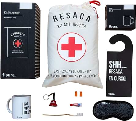 Fisura - Kit de Resaca. Kit de Regalo para Bodas, Cumpleños y Fiestas.Kit de Supervivencia Unisex. Regalo Gracioso para Amigos.8 Productos (Español)