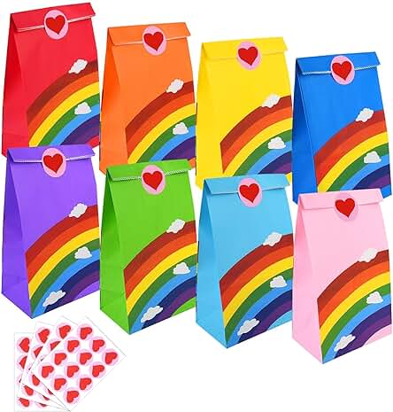 Flintronic - Bolsas de Regalo, 48 Bolsas de Papel Arcoíris para Fiestas con Bonitas Pegatinas, Bolsas Dulces, Bolsas Kraft para Fiestas Infantiles, Halloween, Navidad（13 * 8 * 24CM）…