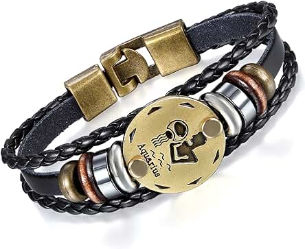 Flongo - Pulsera de piel y Aleación, Diseño Zodiacal, 12 Constelaciones Astrológicas, Perlas de Madera, Tribales, Trenzado, Color Negro, Fantasía, Joyas, Regalos para Mujer y Hombre