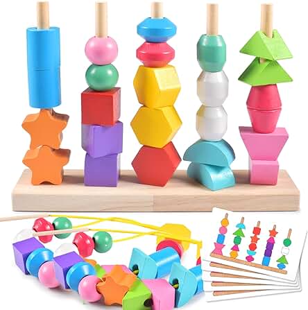 Forhome Juguetes Niños Madera, 2 in 1 Juguetes Montessori 2 3 4 5 Años, Apilables Bebe, GeoméTricas Colores Clasificar Bloques, Clasificable y Enhebrable, Juegos Educativos, Regalo para Bebés Niños