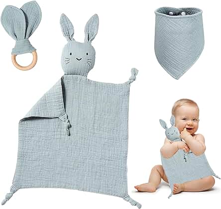 Funmo Doudou Bebe Muselina + Babero Bandana + Mordedor Bebe Algodon Organico Perfecta Regalos baby Shower Embarazadas y Padres Primerizos para Niño o Niña Regalos para Bebés y Recién Nacidos (Mint)