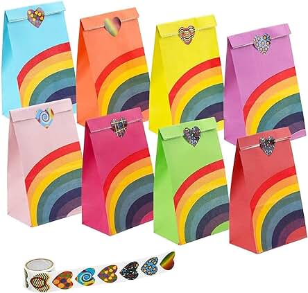 FUNNY HOUSE 40 PCS Bolsa de Fiesta Arco Iris, Papel Regalo Bolsas con 100 PCS Pegatina de Forma de Corazon, Fiesta de Cumpleaños Favores Bolsas para Niños Suministros Fiesta de Cumpleaños