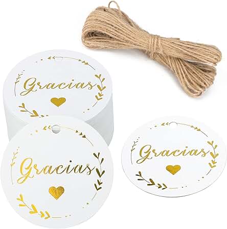 G2PLUS 100PCS Etiquetas de Papel Kraft,Etiquetas de Regalo,Gracias Etiqueta Tiqueta Redonda con Cordel para Boda Fiesta Comunión,Blanco (5x5cm)