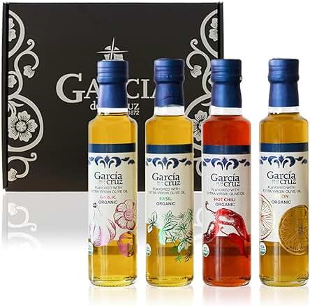 GARCÍA DE LA CRUZ - Aceite de Oliva Virgen Extra Orgánico, Estuche Regalo, Aceite Aromatizado, Ajo, Albahaca, Chili y Limón, Procedencia España, Montes de Toledo, Botellas de Vidrio, Pack 4-250 ml