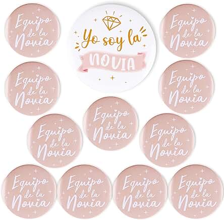 GEBETTER 12Pcs Chapas Alfileres Despedida Soltera Accesorio, 1* Novia 7,5 CM + 11* Equipo Novia 5,8 CM, Regalo Recuerdo Complementos Fiesta Despedida Soltera Boda Damas Honor Amigas Familia Invitados