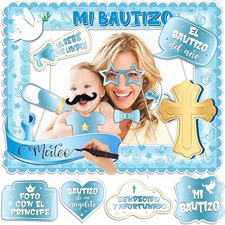 GEBETTER 13Pcs Photocall Mi Bautizo Niño Azul, 1 * Marco de Fotos + 12 * Accesorios, Fotocall Baby Shower en Español Fotocol Bebé Original Cartulina Decoración Fiesta Regalo (Azul)