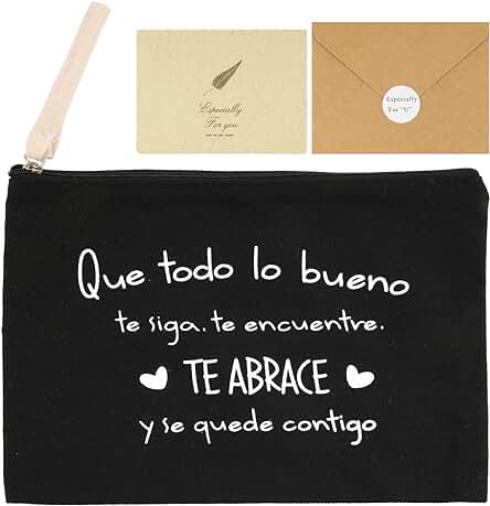 GEBETTER Kit Regalo Mujer 1*Bolso Neceser + 1*Tarjeta + 1*sobre Kraft, Frase Motivadora Cartera Mano Estuche Maquillaje Cosmético Viaje Multiuso Navidad Cumpleaños Lona 23x16 cm (Negro)