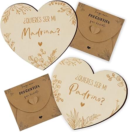 GEBETTER Quieres Ser Mi Madrina/Padrino, 2 Placas Corazón Madera + 2 Sobres, Regalo Bautizo Bebé Original Tarjetas Sorpresa Recuerdo Detalle Baby Shower Anuncio Embarazo Boda