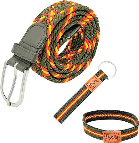 Genérico Pack Cinturón Elástico Trenzado Hombre Bandera España + Pulsera y Llavero Bandera Española