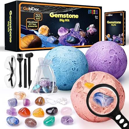 GobiDex Minerales para Niños, Piedras y Cristales Naturales, Kit de Excavación para 6 7 8 9 10 Años, Geología, Ciencia y Juego, Sistema Solar, Planetas, Cavando la Luna para Niños y Niñas