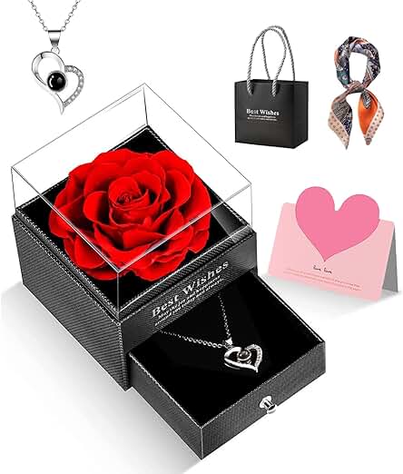 GOICC Rosa Eterna Natural Preservada con Collar Regalos Originales para Mujer Mama Novia Hermana Abuela Caja Regalo