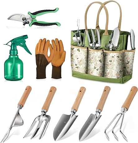 Grenebo Juego de Herramientas para Jardín 9PC, Set Jardineria Adulto de Acero Inoxidable, Kit de Jardinería Bolsa de Jardín, Tijeras Podar,Pala Jardinería,Guantes,Paleta y Rastrillo de Mano etc