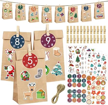 GUHAOOL Calendario de Adviento para Rellenar, 24 Calendario de Adviento Bolsas de Regalo Navidad, con 1-24 Pegatinas Digitales y 24 Clips de Madera,Adviento Bolsa de Regalo para Fiestas,Bodas,Navidad