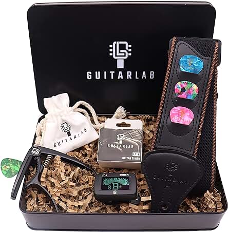 Guitar Lab Caja de Regalo de Accesorios para Amantes de la Guitarra| Caja de Metal con Correa, Cejilla, Afinador Electrónico y lata de Púas