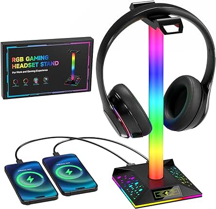 Hcman Soporte Auriculares Gaming RGB Soporte Cascos Soporte Cascos Gaming Accesorios con 2 Puertos USB, LED Soporte Estable para Auriculares Headphone Stand para PC Gamers, Negro