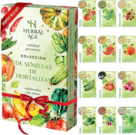 HERBAL AGE Kit Semillas Huerto Urbano De 12 Vegetales, 5100 Ecologicas Semillas De Tomate, Pepino, Lechuga, Tomates Cherry, Kit Huerto En Casa Pack, Regalo de Otoño, Invierno, Primavera y Verano