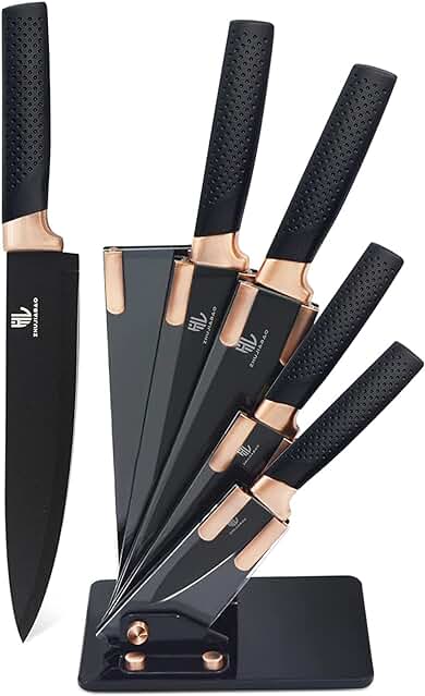 HL Zhujiabo Juego de Cuchillos de Cocina Negros con Bloque y Mango de oro rosa 6PCS Juego de Cuchillos de chef Profesional con Juegos de Cuchillos de Borde Ultra Afilado como Regalo para Chefs
