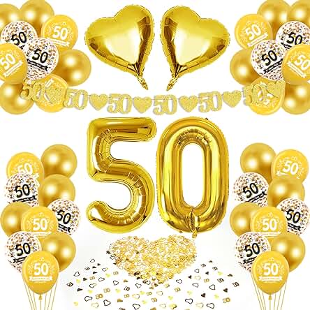 HLEIUKT Decoración para Bodas de oro, Globos de 50º Aniversario de Boda, Confeti, Globos de oro de Aluminio, Guirnaldas de Aniversario de Boda, Decoración de Mesa, Globos oro para Decoración