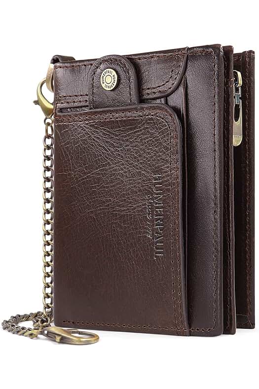 HNOOM Cartera Hombre Piel con Monedero Billetera Hombre con RFID Bloqueo Billeteras Bifold Hombres Monedero Hombre Pequeño con Cremallera 14 Ranuras para Tarjetas Carteras para Hombre con Cadena