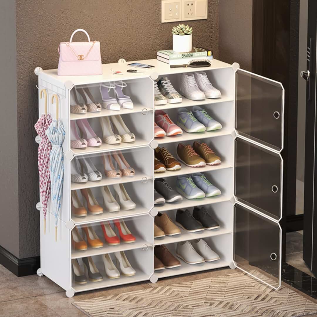 HOMCENT Zapatero con Puerta, Mueble Zapatos Vertical Portátil Expandibles para Dormitorio Sala de Estar, Estantería Modular de Plástico(2 x 6 Capas) (Blanco)