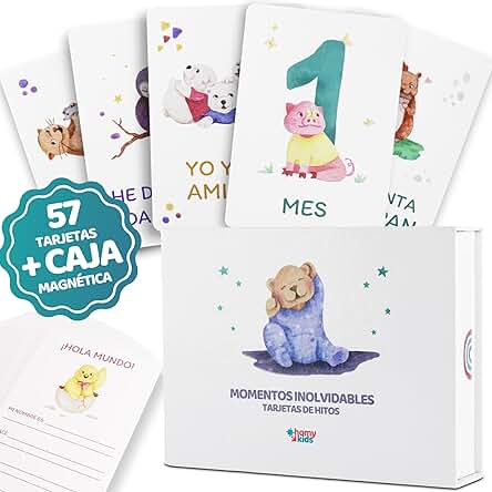 HOMYKIDS® Tarjetas Cumple Meses Bebe en ESPAÑOL - 57 Tarjetas Logros del Bebé + CAJA MAGNÉTICA - Regalo Original para Fotos de Recién Nacidos - Recuerdo Hitos Primer Año y Momentos Especiales…