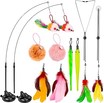 HONGDDY 14pcs Juguetes Interactivos para Gatos, 3 in 1, 10pcs Pluma con Campana, 2pcs Accesorios Que se Pueden Colgar en la Puerta