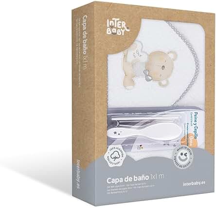 INTERBABY - Set Capa de Baño Love You Blanco y Gris y Juego de Cepillo y Peines