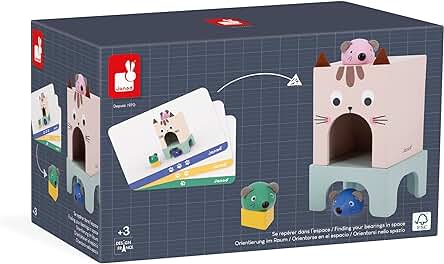Janod - Gama Pedagogía - Orientarse En El Espacio Gato y Ratón - 6 Accesorios de Madera + 12 Cartas - Juguete Educativo Infantil - A Partir de 36 Meses, J05078