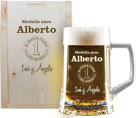 Jarras de Cerveza Personalizadas para Regalar (Jarra de Cerveza para ‘el Mejor Padre del Mundo’ Grabada con su Nombre y la Dedicatoria Que tú Quieras en Caja de Madera También Grabada)