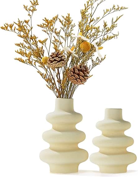 Jarrón Redondo Cemabt Beige, Jarrón de Cerámica Espiral arte Floral Moderno Jarrón Redondo de arte seco Crema Bohemio Jarrón Decorativo para Decoración y Regalos