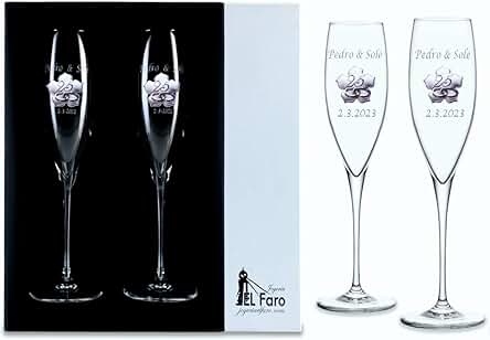 JOYERIA EL FARO Copas Champan Personalizadas Bodas o Aniversarios Cristal Trébol (Bodas Plata)