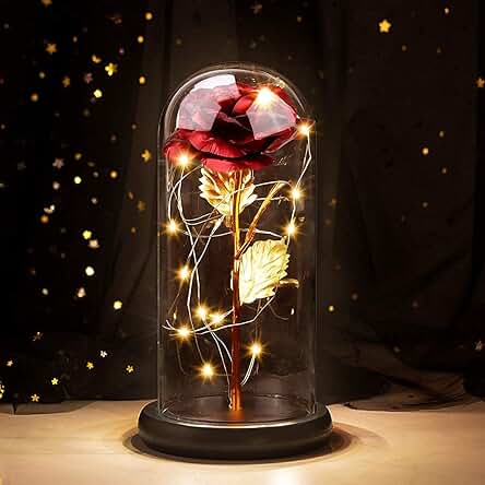 Joyhoop Rosa Sant Jordi Rosa Eterna, Rosa Bella y Bestia, de Cristal con Base Pino Luces LED, Día de la Madre Regalo Original para Mujer, San Valentin Cumpleaños