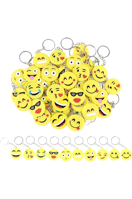 JSMTKJ 50 Piezas Llavero Emoji Llaveritos Emoticon Colgante 10 Patrón Emoticon Llavero Decoración para Niños Fiesta de Cumpleaños Favores Bolsa de Fiesta