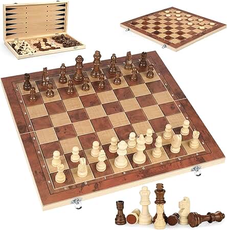 Juego de Ajedrez de Madera,3 en 1 Ajedrez Profesional,Plegable Tablero Ajedrez,Ajedrez Madera Piezas Ajedrez,Chess Tablero de Ajedrez,Ajedrez Niños y Adultos para Viaje Fiesta Regalos