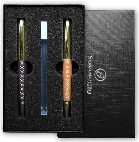 Juego de Bolígrafos y Lápices Envueltos en Cuero para Hombres y Mujeres: Elegante Cuero Sintético y Suave Tinta Dorada | mina de Lápiz de 0,7 mm | Preciosa caja de Regalo para Escritores