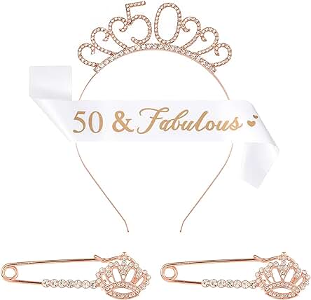 Juego de Decoración de 50 Cumpleaños, Regalo de 50 Cumpleaños, Tiara de Corona Digital de Diamantes de Imitación y Correas de Hombro, Broche de Corona, Accesorios de Fiesta de 50 (Oro Rosa)