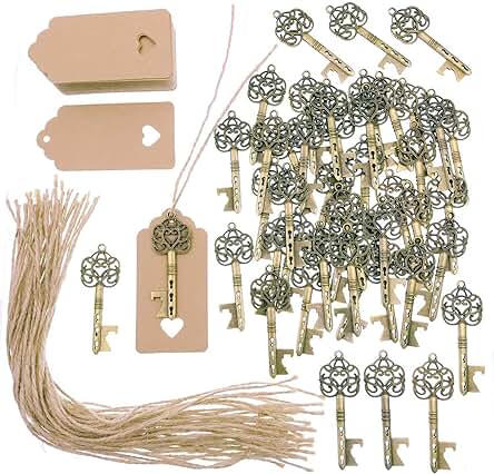 JZK 50 x Abrebotellas Llave Antigua con Etiquetas Kraft y Cuerda de Yute, Llavero de Bronce Vintage para boda Rústica Regalos Invitados Fiesta Favores Detalles Comunion Recuerdo