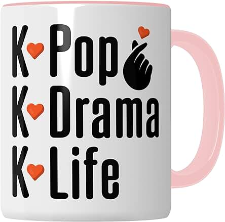 K-Pop - Taza de Café para Regalo, Diseño de Broma Humor, Regalo para los fans de Kpop (blanco y Rosa)