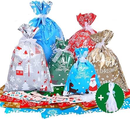 KAHEIGN 30 Piezas Bolsas De Regalo Para Envolver Navidad Con Bridas De Cinta De 18,6 M, Talla Grande Envoltorio De Regalo Estilos Surtidos Bolsas De Regalo (5 TamaÑos)