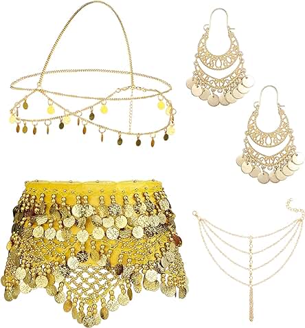 Kakonia 4 Juegos de Accesorios de Danza del Vientre para Mujer, Cinturón de Envoltura de Bufanda de Cadera, Pendientes de gota de Moneda Bohemia Tocado Cadena de pelo Borla Tobillera Pulsera