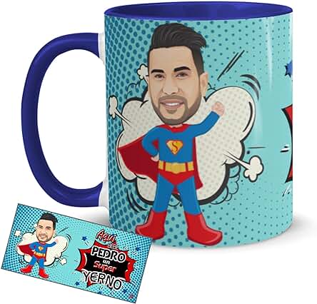 Kembilove Tazas Desayuno con Caricaturas Personalizadas y Nombre – Tazas de Café Personalizadas Aquí bebe un Super Yerno – Regalos Originales Familia