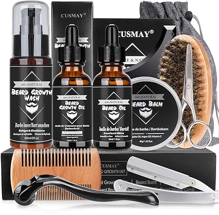 Kit Barba Cuidado para Hombres, Kit Cuidado Barba Hombre Completo con Champú Barba, Aceite Barba, Bálsamo, Afeitadora, Rodillo, Cepillo, Peine, Tijeras, Bolsa de Viaje, Regalos para Papá, Novio