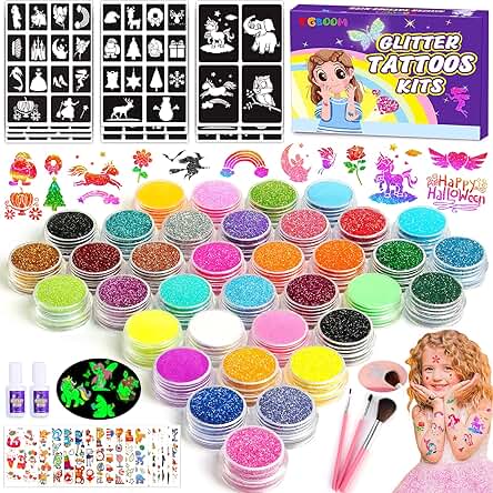 Kit de Tatuajes de Purpurina Temporales Luminosos, Regalo de Cumpleaños, Incluye Brillo y Plantilla, para Niños de 6 Años+, Multicolor