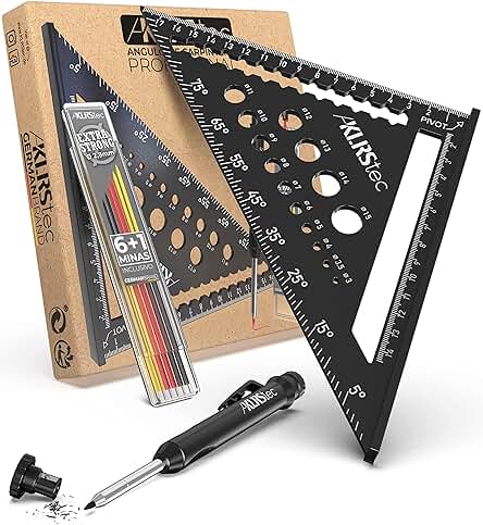 KLRStec Escuadra de Carpintero Profesional – Juego de Herramientas para la Madera Multifunción. Lapiz de Carpintero y Minas de Repuesto Incluido [7 Piezas]