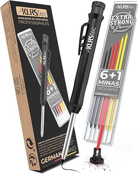 KLRStec Lapiz Carpintero Profesional - Lapicera para Lapiz obra - El Juego de Lápiz de Carpintero Contiene Minas de Repuesto para Diferentes Superficies y Afilador Integrado